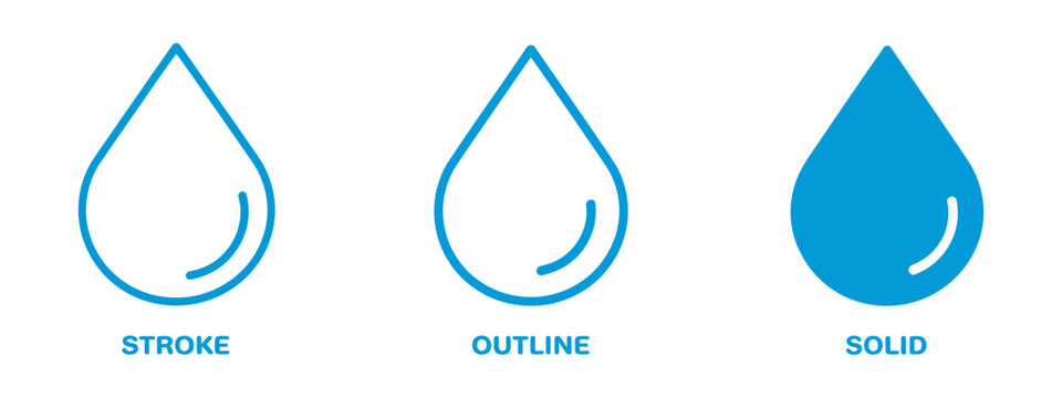 Water drop icon design set featuring solid and outline styles, editable stroke vector elements, water and fluid nature symbols