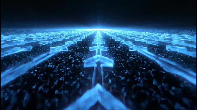 A mesmerizing digital rendering depicts a vast field of glowing blue arrows converging towards a distant, bright point, creating a sense of direction and futuristic technology.