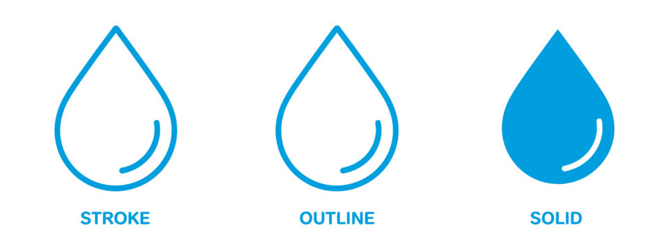 Water drop icon design set featuring solid and outline styles, editable stroke vector elements, water and fluid nature symbols