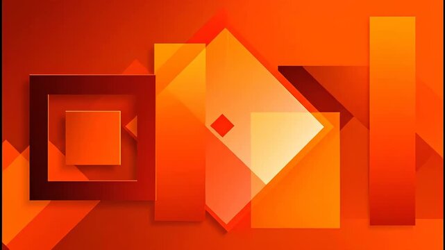 An abstract composition features overlapping geometric shapes in varying shades of orange, creating a dynamic and visually striking design.