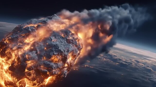 Incandescent celestial body entering planetary atmosphere leaving fiery trail