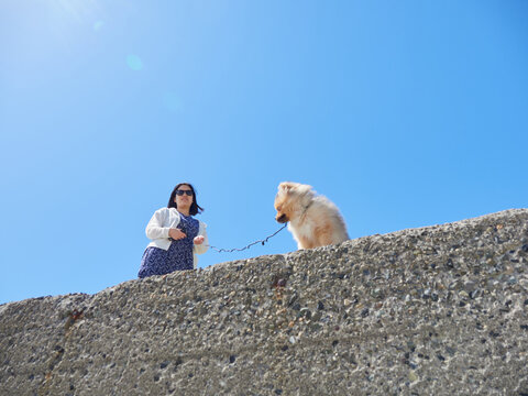 初夏の海岸でポメラニアンの子犬と散歩する女子高校生の姿