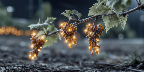 Naklejka premium Warm glow surrounds grapes deep. Late summer sunlight highlights ripe grapes on vine softly