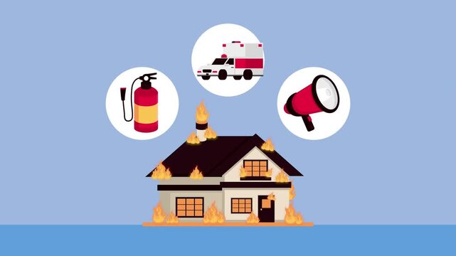 Flat animation of house on fire with emergency service icons including ambulance fire extinguisher and megaphone.