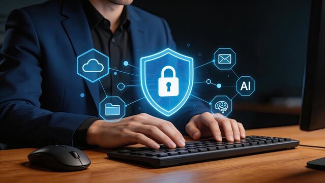 Businessman typing on keyboard with holographic security shield protecting data cloud AI email and brain icons for cybersecurity concept