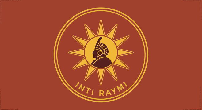 Inti Raymi Festival Symbol - Sun God Inca Emperor Emblem on Red Background