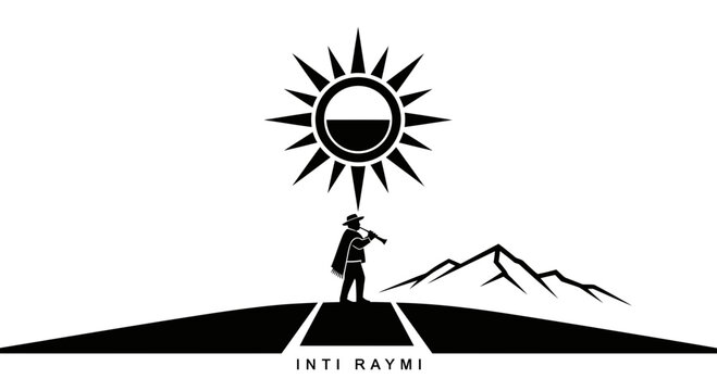 Inti Raymi Sun Festival Symbol with Man Playing Flute and Mountains
