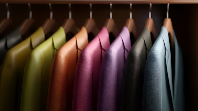 A vibrant collection of tailored suits hanging neatly in a closet, showcasing an array of colors and textures, perfect for fashion enthusiasts.