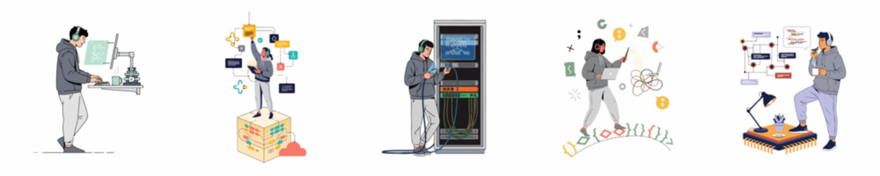 A collection of illustrations featuring IT professionals engaged in activities like programming, server maintenance, data management, and software development.