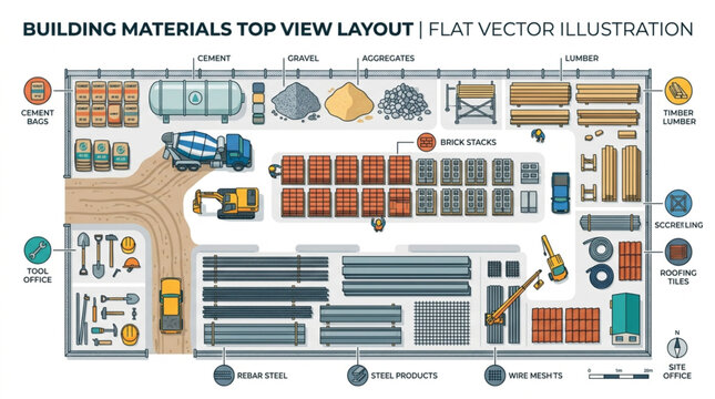 Top view illustration of a building materials warehouse layout.