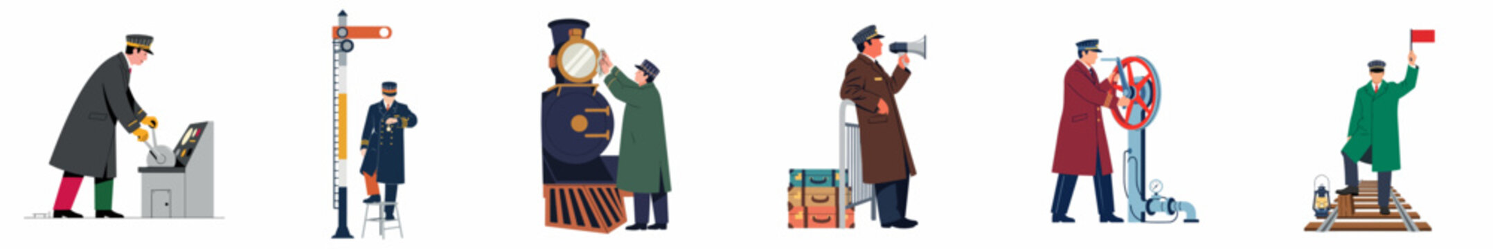 Set of vintage railway station workers and train conductors performing various duties in flat illustration style.