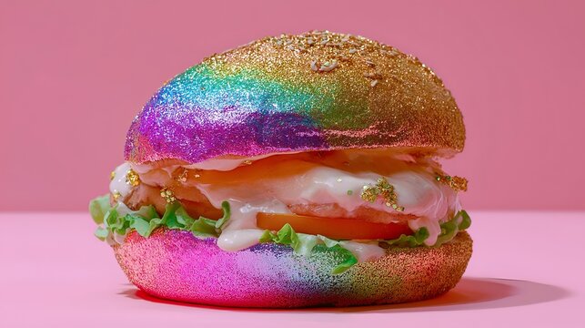 A vibrant rainbow burger adorned with sparkling glitter, showcasing layers of fresh lettuce, tomato, and creamy sauce against a playful pink backdrop.