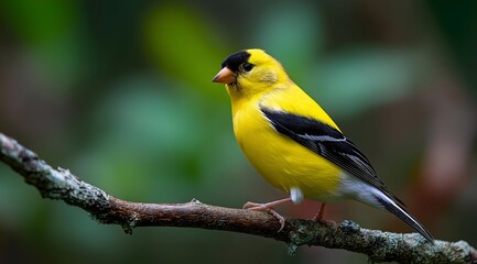 Fototapeta premium A vibrant yellow bird perched on a branch in a lush green environment, showcasing its striking colors and delicate features in a serene natural setting.