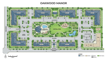 Oakwood Manor architectural site plan rendering with buildings and amenities. © Uli