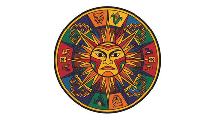 Naklejka premium Vibrant Aztec Sun Stone Symbol, Ancient Calendar Icon, Cultural Art