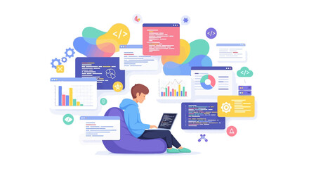 Fototapeta premium Young man coding on laptop surrounded by data and charts.