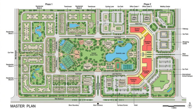 Master Plan Cityscape Aerial View with Buildings and Green Spaces.