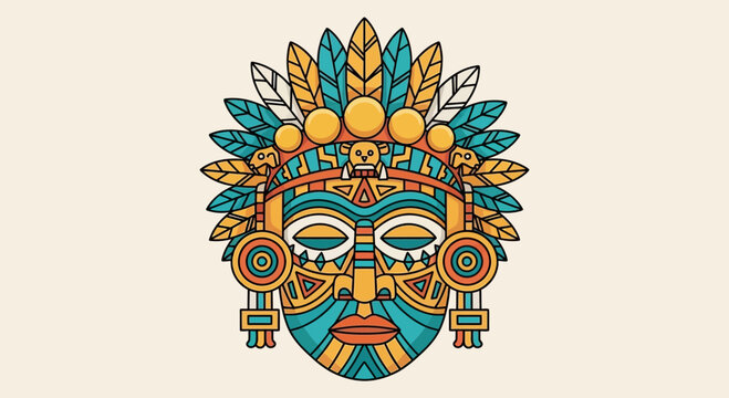 Vibrant Tribal Mask Illustration - Aztec Mayan Culture Inspired Design