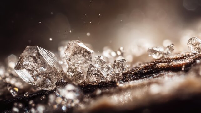 Sparkling Crystals on Brown Surface with Dramatic Light and Depth of Field, Detailed Macro Photography of Natural Mineral Beauty