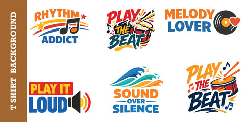 Fototapeta premium Upbeat music typography vector bundle with drum and sound speaker graphic elements set.