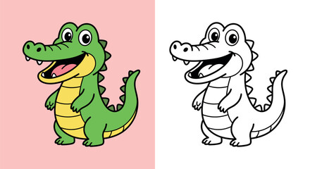 Obraz premium Cute Cartoon Crocodile Coloring Page and Vector Illustration for Kids