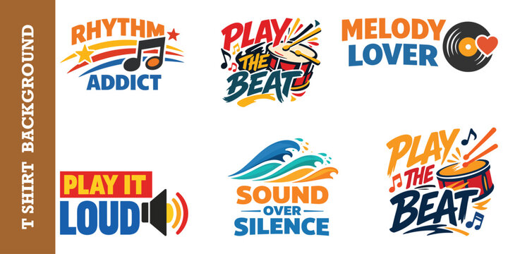 Upbeat music typography vector bundle with drum and sound speaker graphic elements set.