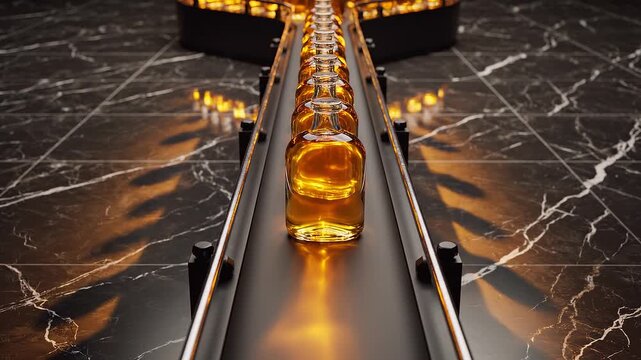 Amber liquid bottles on a conveyor belt, marble floor