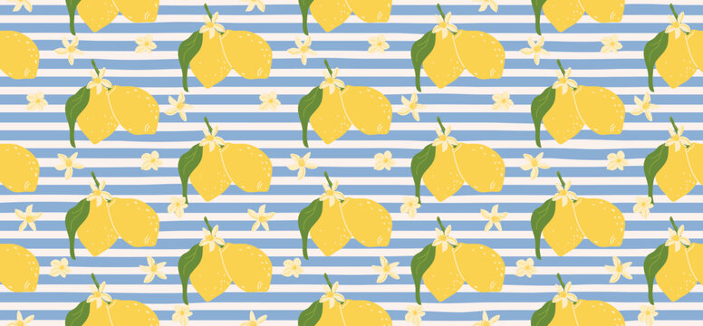 Lemon pattern on a blue striped background. Seamless wallpaper with citrus fruits, green leaf, and white flower. Summer botanical illustration for textile, fabric, and wrapping paper design.
