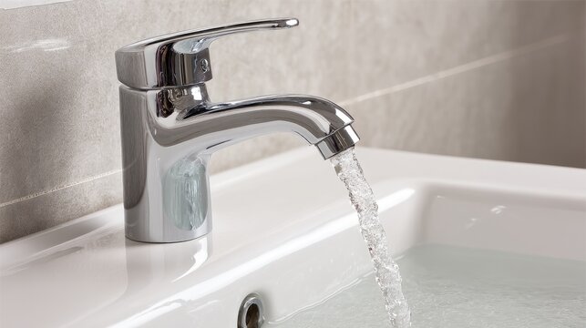 Modern chrome faucet pouring clear water into a white bathtub with marble wall background, reflecting elegance and tranquility in bathroom design