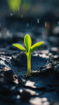 Young green plant sprouting from water with soft natural light and shallow depth of field.