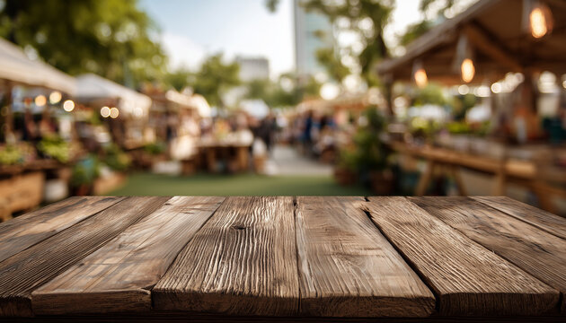 Empty wooden table with the of an outdoor market  blurred background