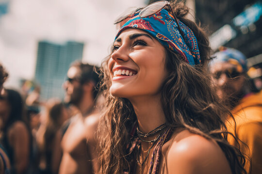 close up side view young woman joining his friends at an outdoor music festival