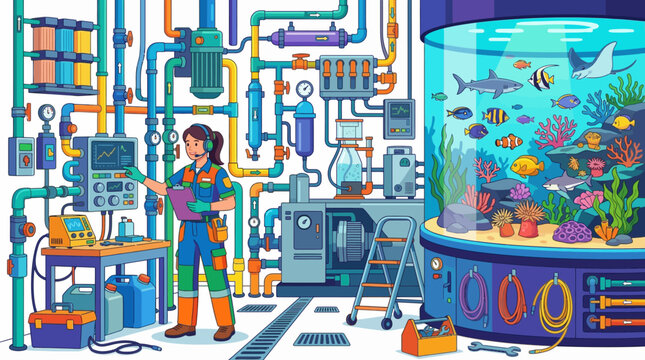 Woman technician working in a high-tech laboratory with aquarium.
