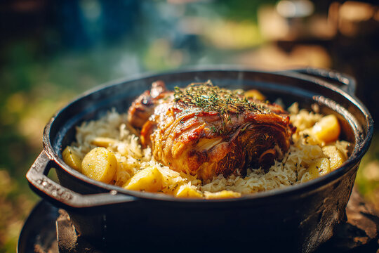 Pork knuckle with sauerkraut and potatoes on the Dutch oven on outdoor camping side