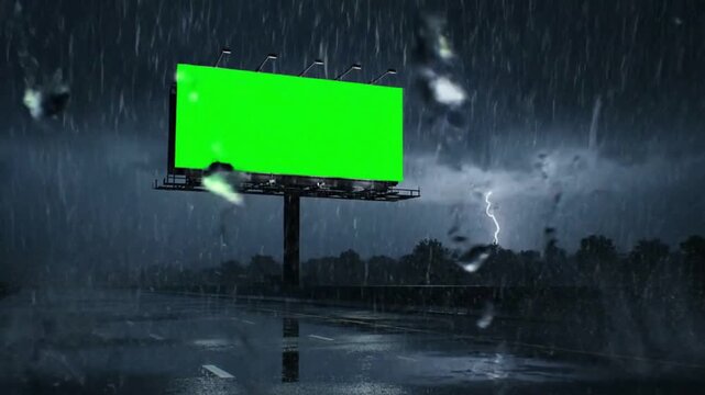 Stormy Safety Board. Highway Advertising. Insurance & Safety. a reinforced highway green screen billboard during a heavy rainstorm, set on a dark, wet interstate with puddles reflecting the dim sky
