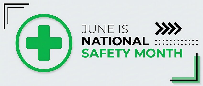 June is national safety month awareness symbol medical cross emblem on white background with geometric elements.
