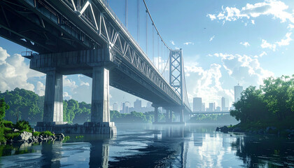 Fototapeta premium Majestic Bridge over the River: A low-angle view showcases a stunning suspension bridge gracefully spanning a wide river, with the cityscape nestled on the horizon.