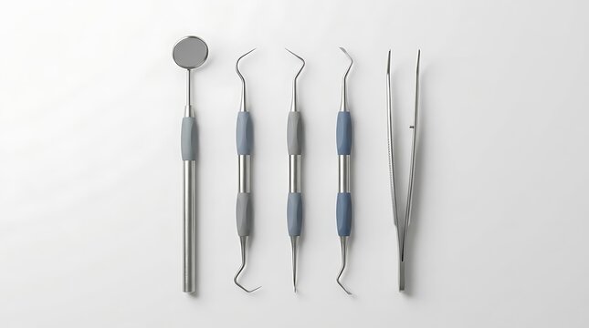 Collection of dental instruments including a mirror, probes, and forceps, arranged on a white background