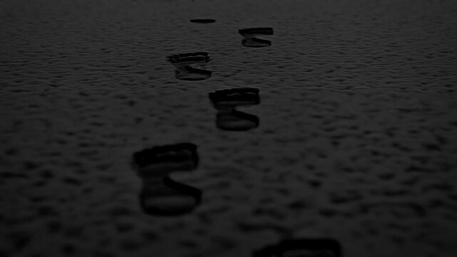 3d footprints on a soft grainy black sand material, walking, footprint