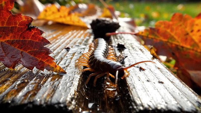 A segmented arthropod crawls on wet wood with autumn leaves
