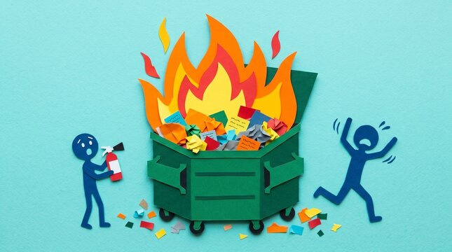 Total dumpster fire: a metaphor for an irredeemable disaster or a chaotic situation that is hilariously beyond control, requiring urgent damage control to stop the spread of failure.