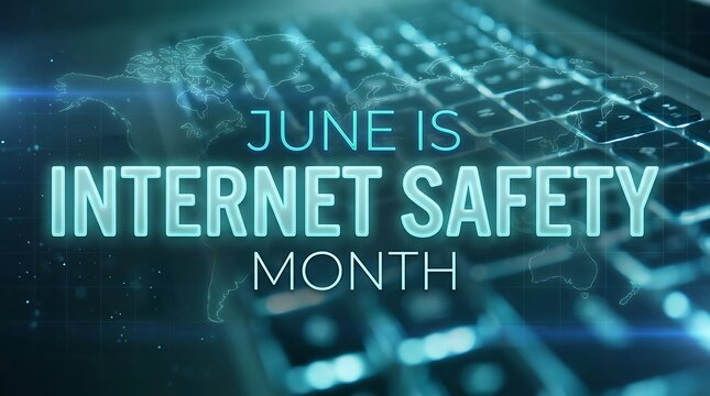 June is internet safety month with keyboard and world map overlay technology concept digital world security.
