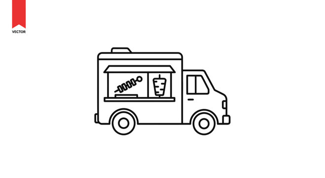 Outline food truck with shawarma grill, street food vendor, fast food vehicle icon
