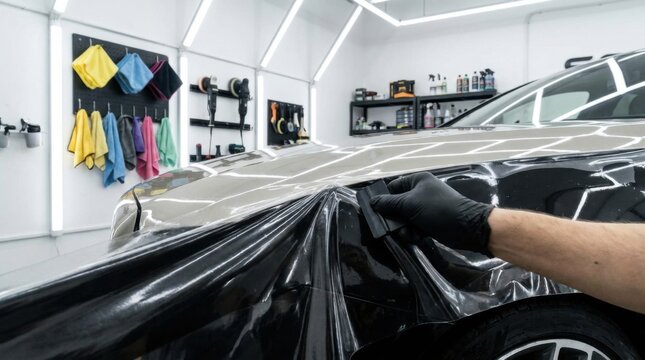Professional car detailer applying transparent paint protection film (PPF) to the front fender of a luxury vehicle in a specialized workshop using a squeegee and wearing black gloves.