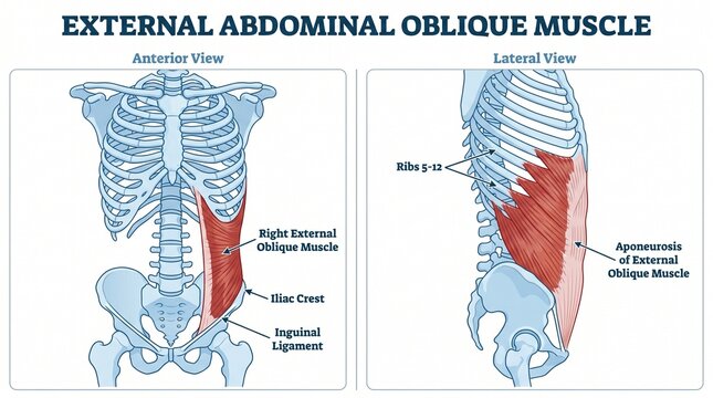 Anterior and lateral view of the external abdominal oblique muscle