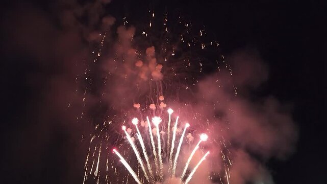 Bright fireworks explode in the dark night sky with smoke trails