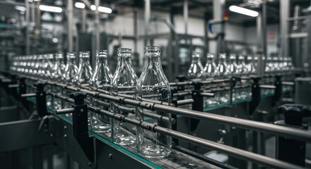 Fototapeta premium Glass bottle production line operating in factory with industrial automation system