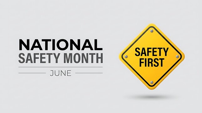 National safety month June graphic with safety first road sign warning symbol and text.