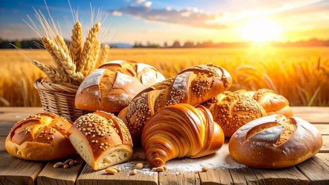 Assorted Fresh Bread and Pastries on Rustic Wooden Table with Golden Wheat Field at Sunset