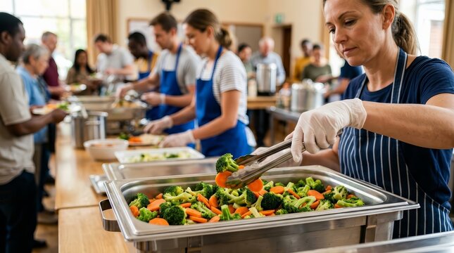 People preparing healthy catering meals for attendees during a church conference.